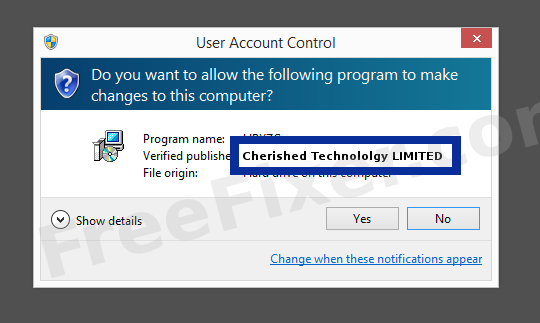 Screenshot where Cherished Technololgy LIMITED appears as the verified publisher in the UAC dialog